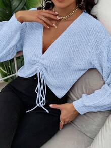 Chiquease Sweater Pullover Wanita Model Kasual Modis Serbaguna dengan Leher V Dalam, Tali Serut, dan Bahu Longgar, Cocok untuk Musim Gugur/Dingin - Baby Blue - View 4