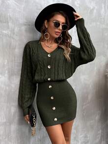 SHEIN Clasi Women's Fashion Drop Shoulder Long Sleeve Button Design Knitted Dress, Autumn/Winter - Army Green - View 4