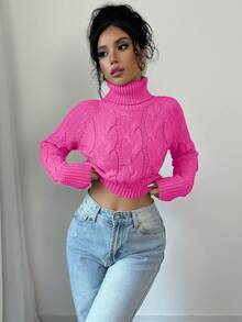 Elenzga Women's Solid Color High Neck Raglan Sleeve Cropped Casual Sweater - Hot Pink - View 1