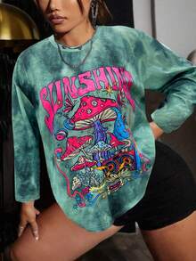 Flirla Plus Size Letter & Graphic Print Round Neck Casual Long Sleeve T-Shirt Graphic Tees Women Tops For Spring Vacation - Multicolor - View 3