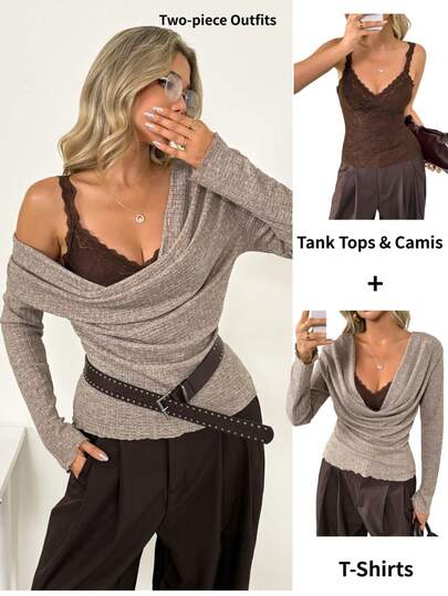 Chiquease 女士棕色蕾丝吊带背心搭配高领/荷叶领舒适T恤两件套；蕾丝边长袖女士T恤，可单穿。适合冬季、圣诞节、新年、跨年夜、派对、海滩、优雅、休闲、浪漫、情人节、约会、毕业季等场合穿着，时尚休闲通勤装、商务办公装、百搭时尚日常休闲装、都市教师职业装。