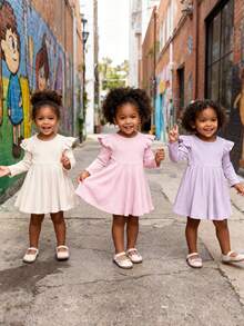 SHEIN Baby Girl Solid Color Round Neck Long Sleeve Ruffle Hem Ribbed Cute Dress - Multicolor - View 3