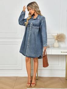 EMERY ROSE 女士长袖单排扣休闲宽松口袋牛仔衬衫裙 - 深色水洗藍 - 查看 3