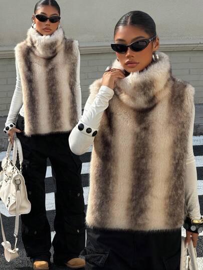 Muchica Chaleco/chaqueta de mujer con cuello alto de contraste y falso pelo, para otoño/invierno