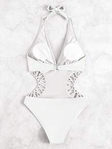 Swim SXY Halter Tie Solid Color Cutout Waist One-Piece Swimsuit For Women - White - View 2