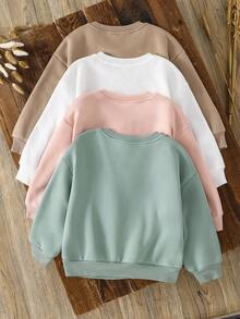 SHEIN 4件套女童纯色保暖长袖卫衣，秋冬季百搭姐妹装长袖上衣，纯色长袖卫衣，青少年纯色卫衣，可爱纯色卫衣 - 彩色 - 查看 2