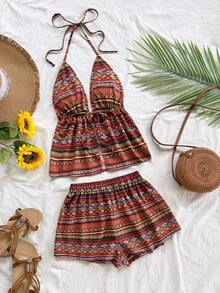 Soleia 女士复古条纹印花V领系带露背上衣搭配宽松超短裤两件套，适合度假、邮轮、假日、约会、下午茶、夜店、海滩、海岛度假村、公路旅行、音乐节、波西米亚风度假等场合，室内外均可穿着，四季皆宜 - 棕色 - 查看 7