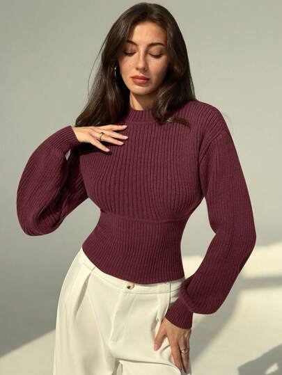 Aloruh Women's Vintage High Neck Pullover Sweater, Batwing Sleeve, Waist Cinched, Thick Knit Jumper, Age-Reducing, Autumn/Winter