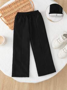 SHEIN Genkimix Kids Quần ống rộng lót nhiệt màu trơn cho bé gái - màu đen - Xem 5