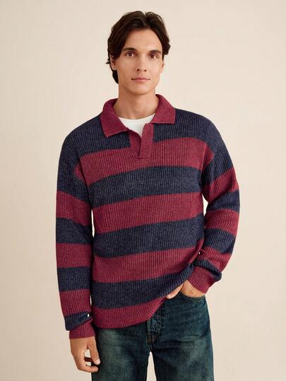 RONVEXI Herren gestreifter Polokragen Langarm Lässig Pullover, Herbst/Winter