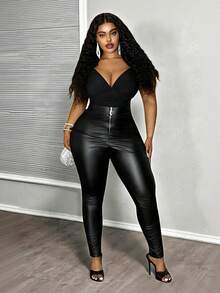 Slaydiva 2025 秋冬新品 Y2K 复古优雅精致基本款日常鸡尾酒会假日通勤大码奢华派对纯色紧身 PU 黑色大码裤子，侧褶前拉链紧身裤 - 黑色 - 查看 12