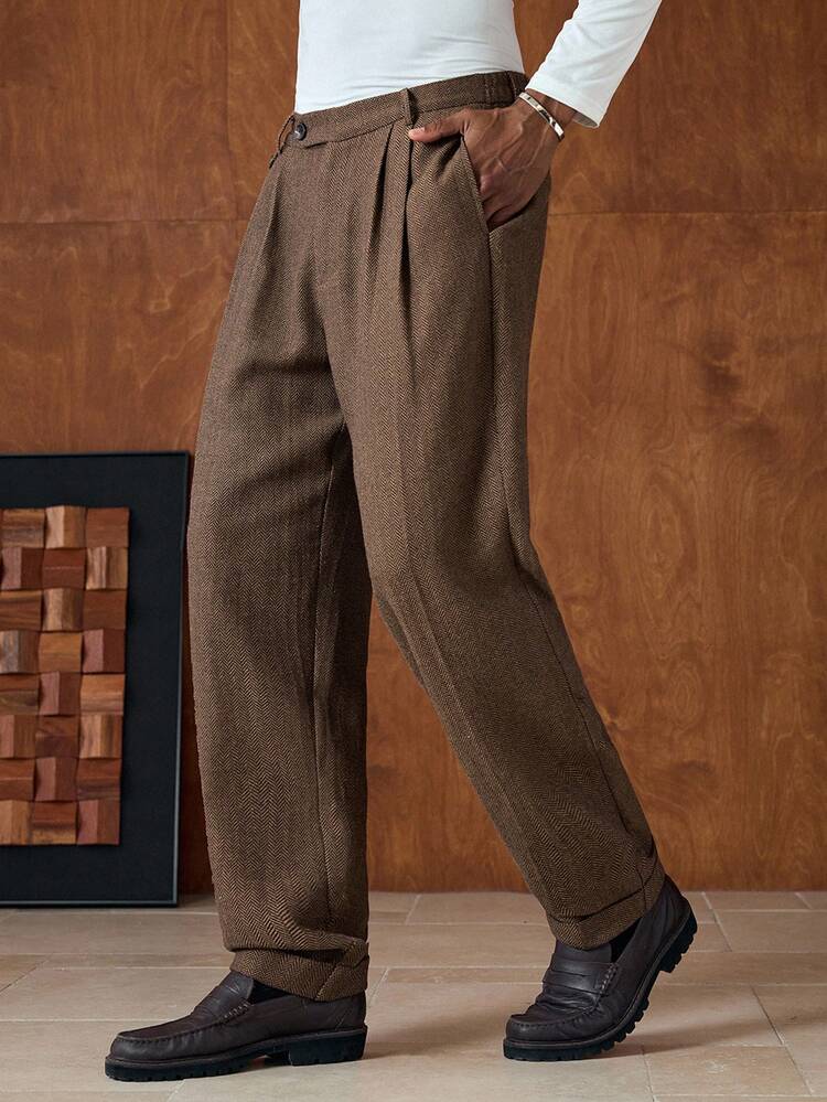Men's Herringbone Pleated Pocket Wide Leg Casual Suit Pants, Business Style, For Winter