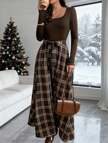 Elyressa Women's Fashion French Square Collar Elegant Urban Commute Long Sleeve Knit Patchwork Plaid Back-To-School Christmas Halloween Holiday Casual Daily Elegant Dress, Autumn/Winter, All Season