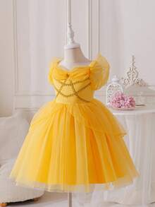SHEIN Glamorique Kids 女童公主裙，黄色网纱公主裙，吊带网纱金色丝带，适合所有季节，生日派对，婚礼，节日礼服 - 黃色 - 查看 3