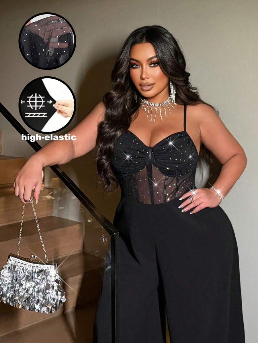NU&NOW Bộ đồ liền thân ống rộng bằng lưới co giãn sáng bóng gợi cảm dự tiệc cỡ lớn dành cho nữ, màu đen - màu đen - Xem 1