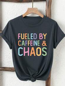 SHEIN LUNE Áo thun cổ tròn tay ngắn đơn giản, họa tiết màu sắc, in hình Coffee Fuel dành cho nữ - Màu xám đen - Xem 1