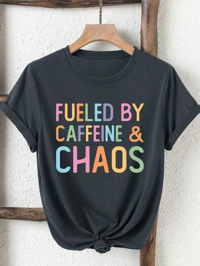 SHEIN LUNE Simple Design Sense Color Lettered Casual Women's Short Sleeve Crewneck T-Shirt With Coffee Fuel Print