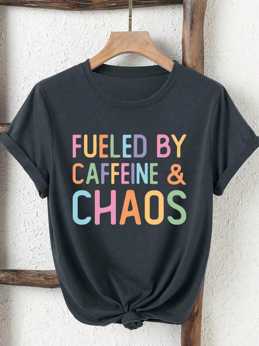 SHEIN LUNE Áo thun cổ tròn tay ngắn đơn giản, họa tiết màu sắc, in hình Coffee Fuel dành cho nữ - Màu xám đen - Xem 1