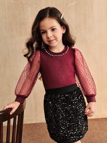 SHEIN Young Girl Burgundy Long Sleeve Solid Color Tee, Versatile Layering Top,Mommy And Me Matching (2 Pieces Sold Separately) - Burgundy - View 6