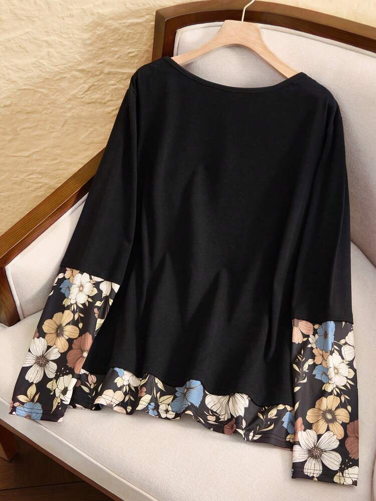 Maglietta casual a maniche lunghe con stampa di figure cartoni animati e floreale, scollo a ciurlo, taglio ampio, per donne taglia comoda. Maglietta casual a maniche lunghe per donne, adatta per vacanze e tempo libero