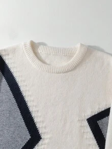 Claim Dot 男士几何图案圆领长袖休闲毛衣，秋冬 - 白色 - 查看 3