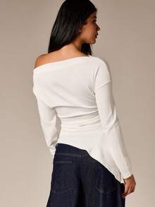AiiRZ Off Shoulder Peplum Topp Långärmad Asymmetrisk Rynkad Bodycon Blus Höst Vintermode