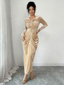 SHEIN Elenzya Đầm dài tay cổ chữ V thanh lịch dành cho nữ với họa tiết khóa kéo nhún bèo bất đối xứng, thiết kế cao cấp, xẻ tà trước sau, tinh tế và duyên dáng, thích hợp cho sinh nhật, hẹn hò, tiệc tùng, dạ tiệc, lễ hội âm nhạc, tiệc chiêu đãi - Màu Khaki - Xem 4