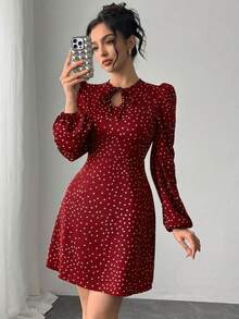 Chiquease Women's Elegant Fitted Waist Polka Dot Print Bowknot Long Sleeve Dress, Spring/Autumn - Burgundy - View 1