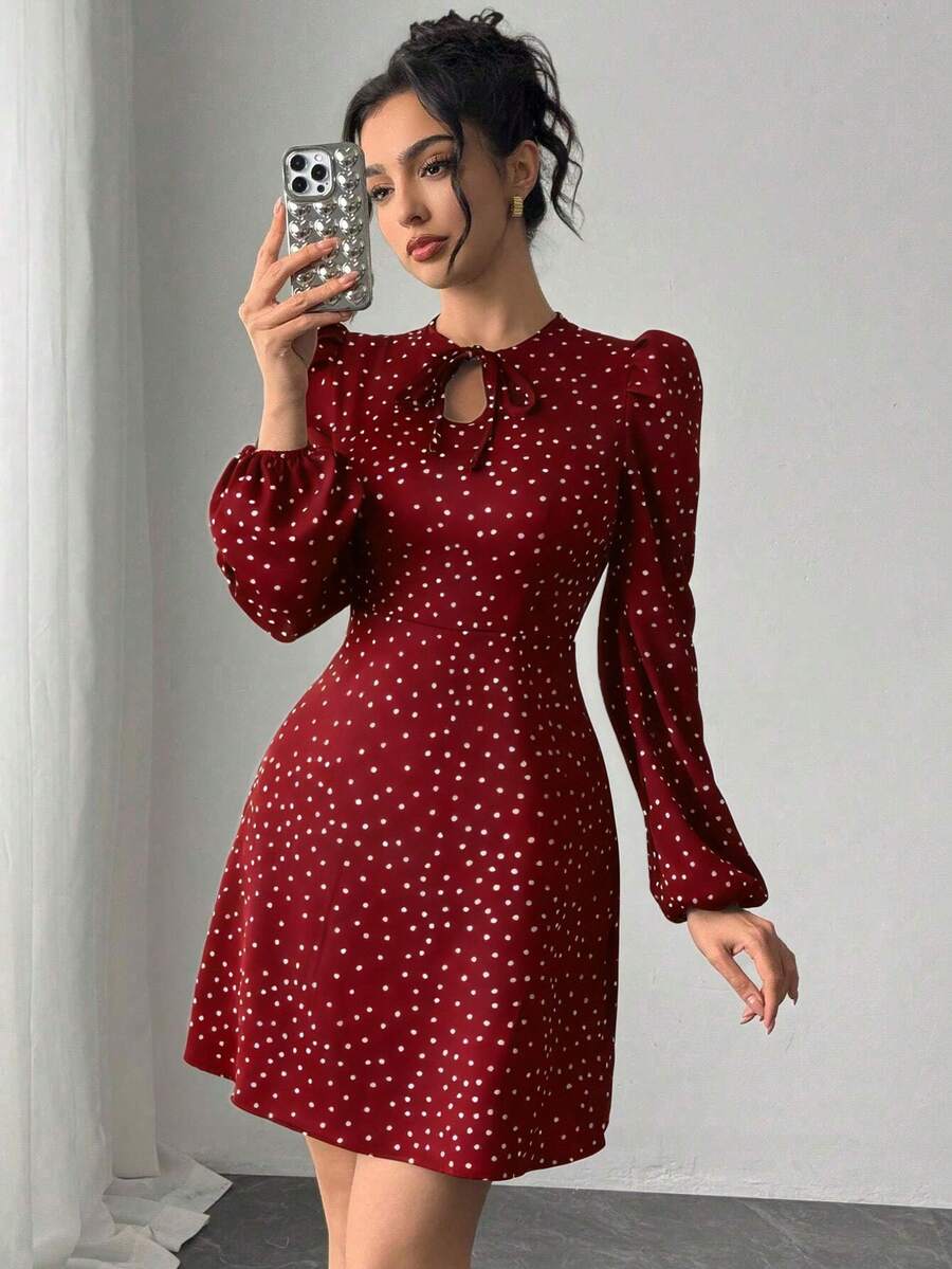 Chiquease Women's Elegant Fitted Waist Polka Dot Print Bowknot Long Sleeve Dress, Spring/Autumn - Burgundy - View 1
