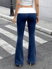 Jeanoix Quần jeans ống loe cạp chun màu đơn giản thường ngày dành cho nữ - Màu xanh lam - Xem 7