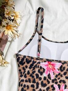 SHEIN 少女豹纹印花吊带连体裤和可调节豹纹印花网纱裙两件套