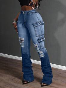 Slaydiva Plus Size Women Cowgirl Style Black Elastic Personalized Ripped Pocket Baggy Jeans, Spring - Dark Wash - View 6