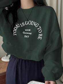 DAZY 女士字母图案宽松休闲抓绒卫衣 - 軍綠色 - 查看 3