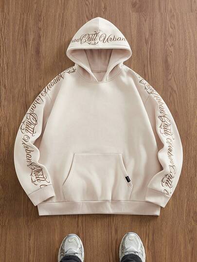  EASEVO Casual Street Style English Embroidery Men's Hooded Sweatshirt With Pockets, Plus Size Loose Fit, Plus Size