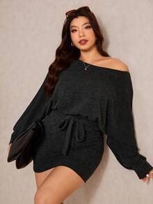 Elaquor 大码女士露肩连衣裙，休闲女装，秋冬连衣裙 - 深灰色 - 查看 5