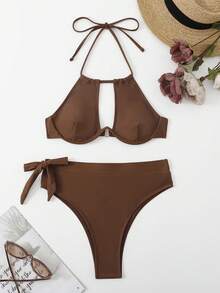 Swim Vcay Women's Solid Color Hollow Out Halter Tie Sexy Bikini Swimsuit Set, Non-Push Up With Underwire - Coffee Brown - View 5