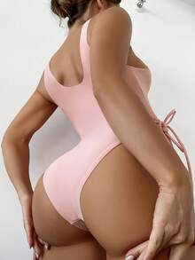 SHEIN Swim 1 pièce Maillot de bain tankini femme de couleur unie avec cordon de serrage sur le côté - Rose pâle - Voir 2