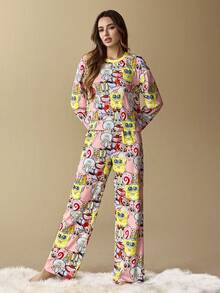 SpongeBob SquarePants | SHEIN 女士可爱卡通印花宽松落肩长袖上衣和裤子睡衣套装，春秋冬装 - 淺粉色 - 查看 1
