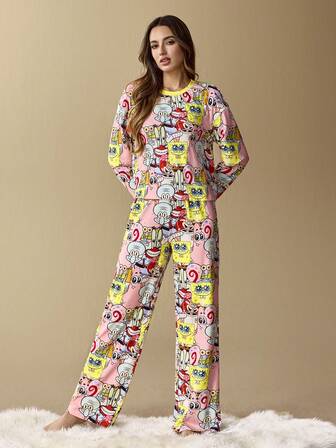 SpongeBob SquarePants | SHEIN Women's Cute Cartoon All-Over Print Loose Fit Drop Shoulder Long Sleeve Top And Pants Pajama Set, Spring/Autumn, Winter Clothes