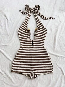 Soleia 女士复古条纹性感连体衣，适合海滩、度假、约会、婚礼、圣帕特里克节、复活节、邮轮旅行、城市旅行、波西米亚风度假、音乐节、办公室、通勤等场合。 - 咖啡棕 - 查看 6