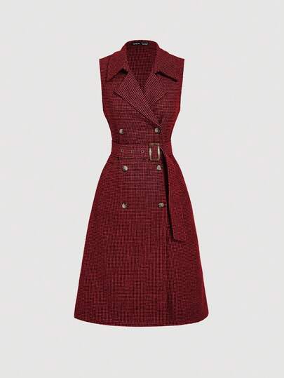 SHEIN MOD Burgundy Vintage Houndstooth Minimalist Casual Commuter Women Long Sleeveless Trench Coat, Old Money Style In Fall/Winter