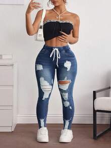 SHEIN ICON Plus Size Women Drawstring Waist Pocket Distressed Skinny Casual Jeans - Blue - View 5