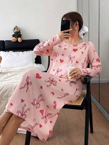 SHEIN 蝴蝶结爱心印花针织宽松长袖睡裙，冬季 - 彩色 - 查看 6
