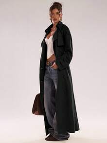 SHEIN BAE 休闲街头风打结长袖女式风衣 - 黑色 - 查看 4