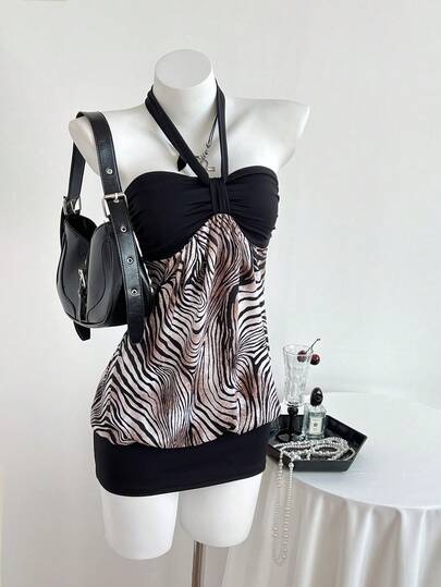 Elamini Women's Halter Neck Ruched Color Block Zebra Print Sexy Dress
