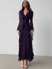 Aloruh Black Knit Mesh Deep V-Neck Long Sleeve Ruffle Hem Dress - Purple - View 5