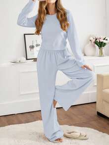 EURMUSE 女士两件套罗纹针织圆领长袖上衣和裤子家居服舒适休闲套装