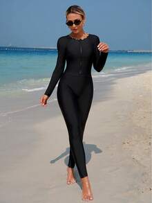 Swim Mulvari 1pc Women's Black Beach Sports Long Sleeve Long Leg Zip-Up Skirt Swimsuit - Multicolor - View 6