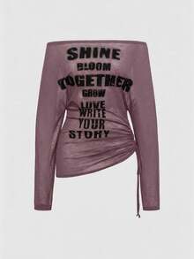ROMWE EDITION Romantic Punk Cross & Letter Print Off Shoulder Long Sleeve T-Shirt Top For Women - Dusty Purple - View 5