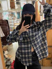 DAZY 女士格子落肩长袖单排扣休闲宽松衬衫 - 藍白色 - 查看 2